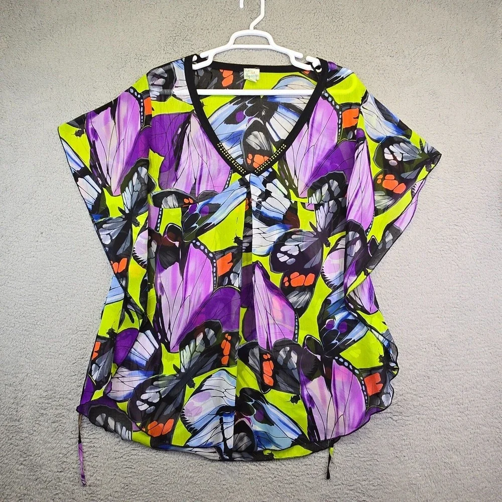 One World Beach Cover Up Women's XL Purple Butterfly Kimono Sheer V-Neck Overlay